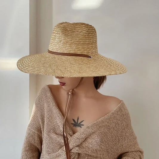 Belt Strap Wide Brim Straw Panama Sun Hat