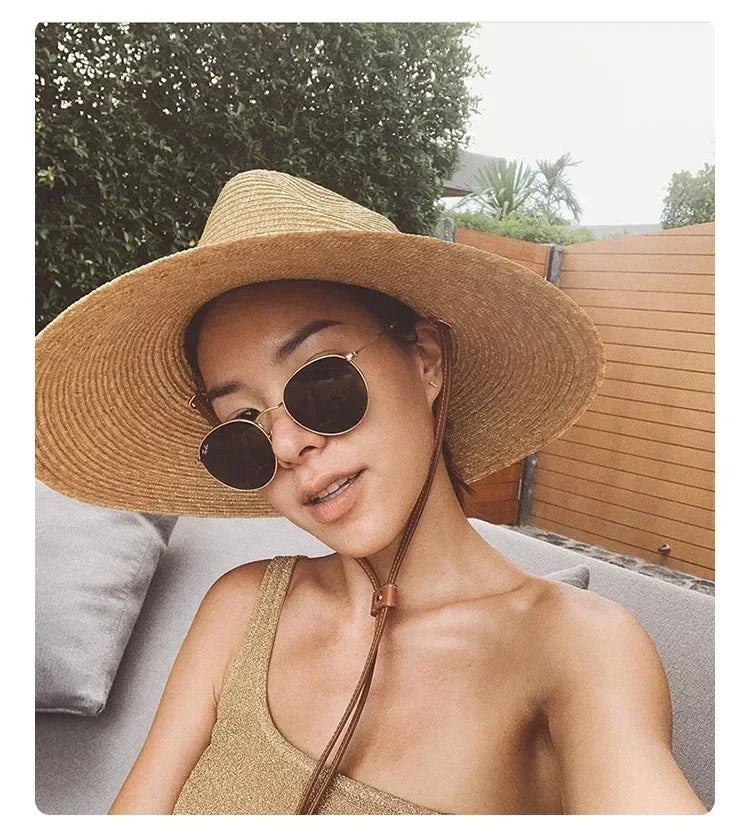 Belt Strap Wide Brim Straw Panama Sun Hat