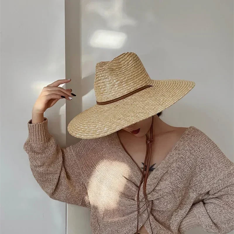 Belt Strap Wide Brim Straw Panama Sun Hat