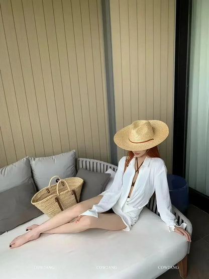 Belt Strap Wide Brim Straw Panama Sun Hat