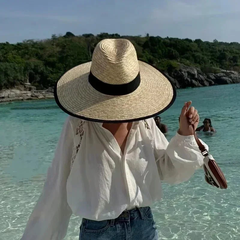 Belt Strap Wide Brim Straw Panama Sun Hat